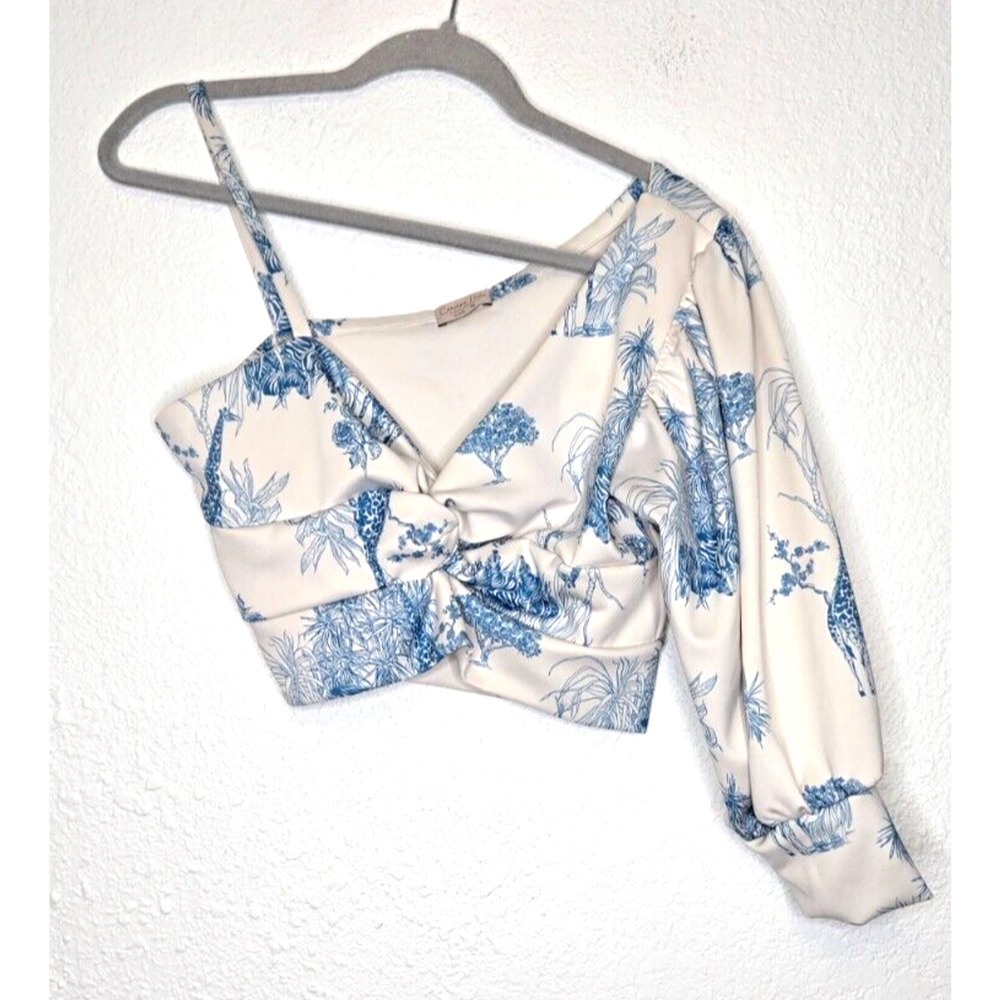 Carolina Pinilla Womens Grace Top Medium Blue One‎ Shoulder Puff Sleeve Cropped